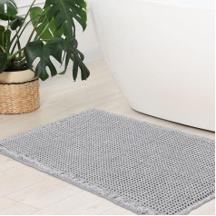 WONGS BEDDING Waffle Bath Mat, Super Absorbent Bathroom Rug, Non-Slip Bath Mat for Bathroom Floor, Washable with Tassels, Ultra Soft, Grey, 90 x 60 cm