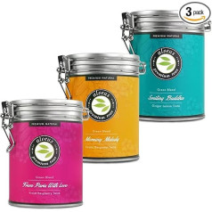 Alveus Premium Tea Set 3 x 100 g (Tin) - Morning Melody, Smiling Buddha & From Paris with Love - Green Tea Loose - Flavoured Herbal Tea Blend Perfect for Relaxation & Enjoyment - Approx. 120 Cups