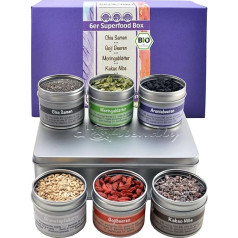 Organic Superfood Gift Set, Aronia, Chia, Goji, Cocoa Nibs, Pomegranate and Moringa, 6 Tins Plus 1 Gift Tin direct&friendly