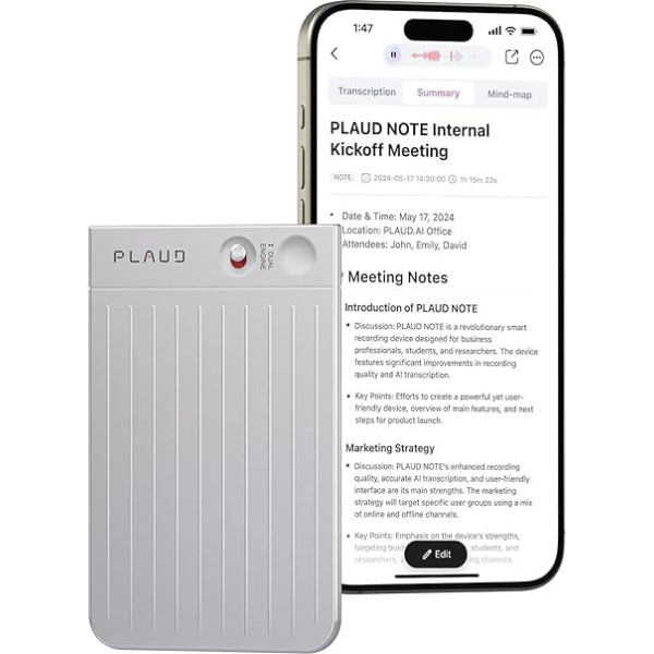 PLAUD Note AI Digital Voice Recorder with Case - 64GB Recording Device with AI Technology for Transcribing and Summarizing, One Touch Recording, Noise Reduction, Supports 112 Languages