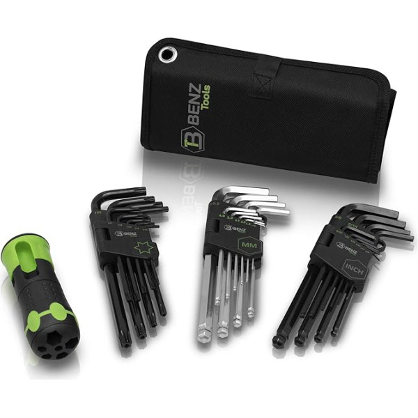 Benz Tools Allen Key Set - 31-Piece Hexagon Socket Set Including Additional T-Handle in Compact Bag - Hex Key for Any Purpose (Allen Key Set)