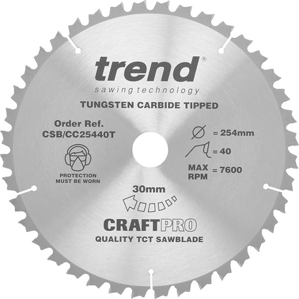 Trend Wood Cordless Cutting Saw Blade, 254 mm Diameter, 30 mm Bore, 40 Teeth, HW, 2.5 mm Cutting Width, -5° Hook, CSB/CC25440T