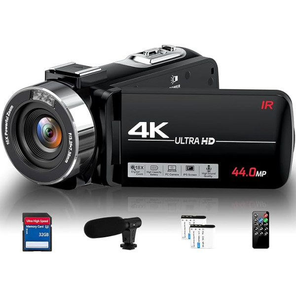 Video Camera Camcorder 4K 44MP Vlogging Camera for YouTube, 18X Digital Zoom 3.0 Inch IPS Screen Camera, IR Night Vision Webcam Video emera with Microphone, Remote Control, 2 Batteries and 32GB SD