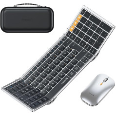ProtoArc XKM01 Foldable Keyboard and Mouse, Full-Size Bluetooth Keyboard Foldable with Numeric Keypad, 2.4G + Dual Bluetooth Folding Keyboard QWERTZ Layout Windows/Mac/Android, Black and Silver
