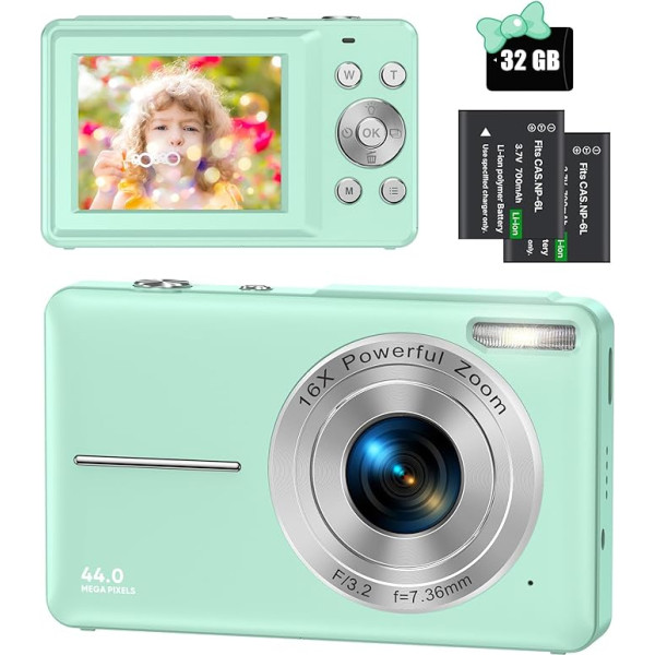 Digital Camera 44MP 1080P FHD Photo Camera Compact Camera 16X Digital Zoom Camera with 32GB Memory Card, Digital Camera for Children, Teenagers, Beginners, Boys, Girls (Green)