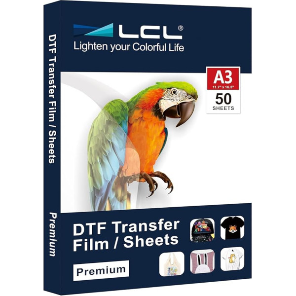 LCL DTF Transfer Film Paper DTF A3-50 Sheets, Premium Double-Sided Matt Clear PreTreat Sheets - Pet Heat Transfer Paper (29.7 cm x 42 cm)
