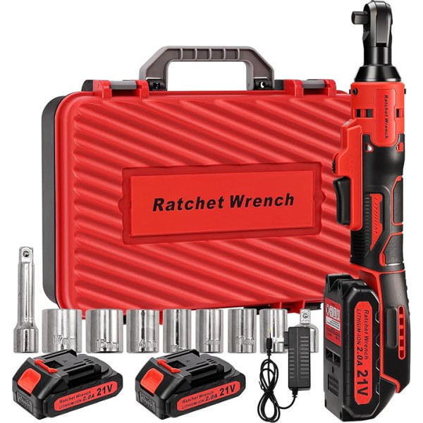 YEARTOP 21 V Electric Ratchet Wrench Set 3/8 Inch Battery Ratchet Wrench 2 x 2000 mAh Lithium-Ion Battery and Charger, 1 Carry Box, 7 Socket Wrenches, 1/4 Inch Adapter, 3 Inch Extension
