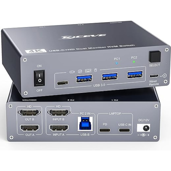 YOUTINGHDAV KVM Switch 2 PC 2 Monitors USB C, KVM Switch Dual Monitor for Laptop & PC, USB 3.0 MST Dual 4K @ 60Hz, Type-C 60W Charging for Laptop, HDMI KVM Switch USB C with Wired Remote, Aluminium