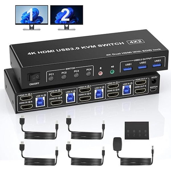 KVM Switch 4 Port 2 Monitors USB 3.0, Supports EDID, 4K 60Hz HDMI Monitor Switch for 4 PC 2 Monitors with Audio Microphone Output and 3 USB 3.0 Ports, PC Monitor Keyboard Mouse Switcher for 4 PC
