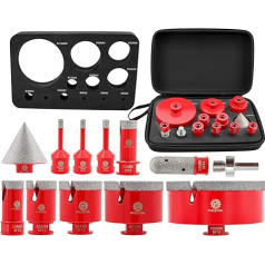 FOCSTOL Diamond Tile Drill Bit Set - 12 Pieces (6/6/8/20/25/35/50/68/110 mm + 20 mm Finger Mill + 50 mm Chamfer Drill + Adapter) Diamond Hole Saw Set M14 Thread for Porcelain Ceramic Tiles Marble