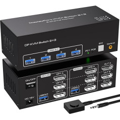 VPFET 8K Displayport KVM Switch 2 Computer 3 Monitors 4K144Hz 8K60Hz Triple Monitor KVM Switches DP 1.4 witch 4 USB 3.0 for 2 PC Share 3 Monitors with DC12V Adapter and 2 USB 3.0 Cables