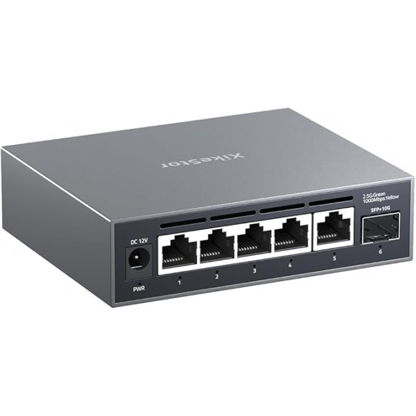 XikeStor 2.5 GB Managed Network Switch, 5 2.5 Gbps RJ45 & 1 10G SFP+, VLAN/QoS/STP/IGMP/LACP, Fanless, Aluminium Casing, Table or Wall Mounting, 2.5G NAS, Game PC, WIFI6, AP, 4K