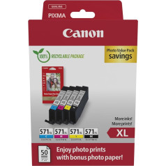 Canon CLI-571XL High Yield Genuine Ink Cartridges, Pack of 4 (Black, Cyan, Magenta, Yellow); Includes 50 Sheets of 4x6 Canon Photo Paper - Cardboard Multipack