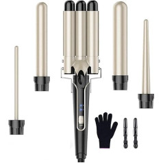 Curling Iron Set, 5-in-1 Wave Iron, Curling Irons, 3 Barrels for Large, No Curls, Ceramic Curlers with Various Attachments, Temperature Setting, Quick Heating with Glove and 2 Clips