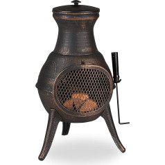 Relaxdays Patio Stove, Garden Fireplace with Poker, H x W x D: 71.5 x 39 x 35 cm, Cast Iron with Spark Protection, Black/Bronze