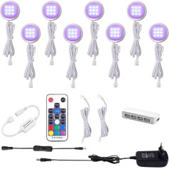 AIBOO RGB LED Cabinet Lighting Set of 8, 12 V LED Under-Unit Light, Colour Changing with Remote Control, Dimmable RGB Display Cabinet Lighting LED for Lighting Kitchen Cabinets