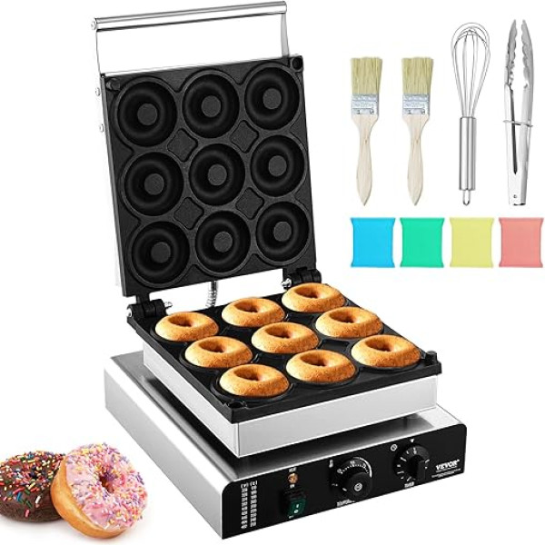 VEVOR Electric Donut Maker, 2KW Commercial Non-Stick Donut Maker, 9 Holes, Double Sided Heating Waffle Machine for 9 Donuts, 50-300°C, for Restaurant and Home Use