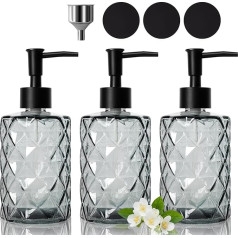 Omtofo Pack of 3 Glass Soap Dispensers, 330 ml Soap Dispenser Black Soap Dispenser for Bathroom, Refillable Pump Dispenser, with Stainless Steel Funnel, 3 Coasters, Soap Dispenser Kitchen