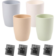 4 x Plastic Toothbrush Cups, Bathroom Toothbrush Cup with 3 Self-Adhesive, Wall Mounted Toothbrush Cup for Children, Toothbrush Cup Organiser Hanger for Travel, Camping (4 Colours)