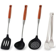 Silicone Wok Spatula and Ladle, Slotted Spoon, Kitchen Tongs, Ladle, Set of 4 Kitchen Utensils with Silicone and Stainless Steel Handle for Non-Stick Coating and Wok (Black)