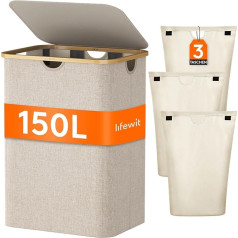 Lifewit 150 L Laundry Basket with Lid, Laundry Hamper 3 Compartments, Large Laundry Basket, Laundry Sorter, Laundry Basket, Laundry Baskets for Laundry Room, Bathroom, Bedroom, Beige