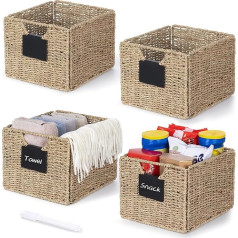 Set of 4 Seagrass Rectangular Storage Baskets, Folding Basket, Wicker Basket, Shelf Box, Storage Box, Natural Basket, Wicker Baskets, Organiser for Bathroom, Living Room, 26.5 x 24 x 19 cm