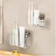 Diesisa Pack of 2 Toothbrush Holder Wall, Toothbrush Holder No Drilling Toothbrush Organiser Self-Adhesive Toothbrush Holder Wall Acrylic Transparent with Drain Holes for Bathroom