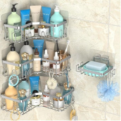 stusgo Shower Shelf No Drilling Pack of 4 - Shower Shelf Corner with Hooks, Stainless Steel Shower Shelf for Bathroom and Kitchen, Shower Shelf Corner Shelf with Soap Dish (Silver)