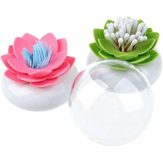 HomDSim Lotus Cotton Buds Holder, Small Q Tips, Toothpicks, Brushes, Storage Box with Transparent Lid, Dustproof Cover, 2 Pack Green and Pink