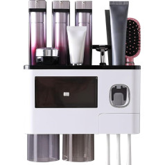 Toothbrush Holder Wall Mounted Toothpaste Dispenser with 2 Cups, 1 Drawer, Storage Box and Toothbrush Slot, Toothpaste Dispenser, Squeezer with Magnetic Cups for Bathroom, Bathroom Toothbrush