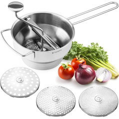 Navaris Stainless Steel Strainer with 3 x Sieve Inserts - Mill for Soup Jam Baby Porridge Sauces - 3 Pieces Sieve Inserts - Mill Press Made of Durable Stainless Steel Design
