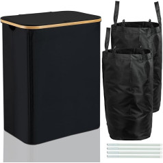 ROSOS Laundry Basket with Lid, 150 L Foldable Laundry Basket, 2 Compartments with Removable Laundry Bag, Laundry Hamper with Lid & Bamboo Handle, Waterproof Laundry Box with Lid, Black