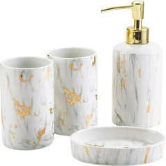 FülleMore Ceramic Bathroom Accessory Set Luxury Gold Marble Look Bathroom Accessories Set 4-Piece Bathroom Equipment Set, Soap Dispenser, Soap Dish, 2 x Toothbrush Cups