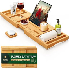 Foldable Bathtub Tray, Bamboo Bathtub Tray, Expandable Bathtub Table, Caddy with Extendable Sides, Includes Soap Dish