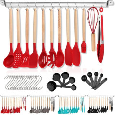 Berglander Silicone Kitchen Utensils Set, 38 Pieces, Non-Stick Cookware Set, Wooden Handle Kitchen Utensils Tools with Multi-Purpose Hooks and Utensil Holders (Red)