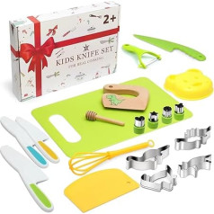Children's Knife 20-Piece Children's Safety Chef's Knife Kitchen Knife Set with Vegetable Cookie Cutters, Wooden Knife, Chopping Board - Perfect Christmas or Birthday Gift for Children