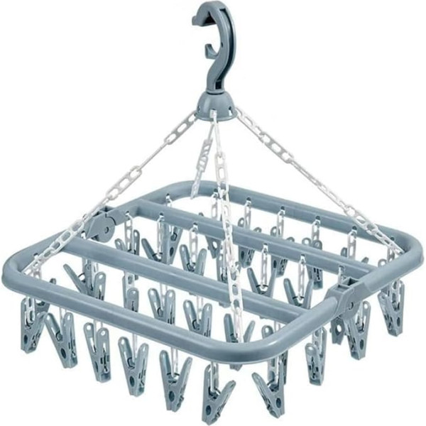 LIDOUK Clothes Drying Hanger with 32 Clips and Drops, Foldable for Hanging Socks, Blue