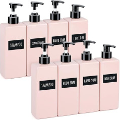 Segbeauty Soap Dispenser, Pink, Pack of 8 Pump Bottles, 500 ml, Shampoo Dispenser, Refillable, Soap Dispenser, Plastic, Liquid Soap Dispenser with Labels, Bathroom Accessories