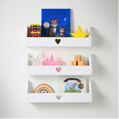 Haus Projekt Pack of 3 White Heart Children's Shelves, Wall Shelves, Children's Room, Decorative Bookcase for Children, Multi-Purpose Wooden Storage Shelf, 50 x 10 x 16 cm