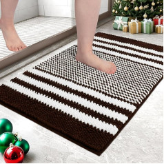 Biscpro Extra Soft and Absorbent Fluffy Striped Chenille Bath Mat Non Slip Shaggy Machine Washable Coffee Brown 40x60cm