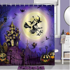 Bonhause Shower Curtain Halloween Witch Full Moon Castle Shower Curtains 180 x 180 cm Anti-Mould Waterproof Polyester Fabric Washable Bathroom Curtain for Bathroom with 12 Hooks