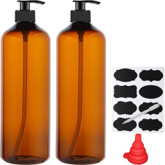 YBCPACK 2 Pieces 1000ml Plastic Soap Dispenser Bottle with Pump, Refillable Amber Shampoo Dispenser Bottle with Pump, Empty Pump Bottles for Shower Gel, Shower Gel, Shampoo, Massage Lotion