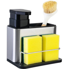 Sink Caddy Organiser with Integrated Soap Dispenser, Non-Slip Washing Up Liquid Dispenser, Kitchen Set with Sponge Holder and Brush Holder, Soap Dispenser Organiser 320 ml Capacity, Stainless Steel