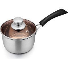 Homikit Saucepan, 14 cm Stainless Steel Milk Pan with Glass Lid, Approx. 0.9 L Small Cooking Pot with Long Heat-resistant Handle, Healthy and Non-Toxic, Uncoated, Visible, Dishwasher Safe