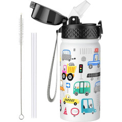 OLDLEY 420 ml/14 oz Children's Stainless Steel Insulated Water Bottle with Straw for School Metal Vacuum Small Bottle Leak-Proof Keep Hot Cold Boys Girls Toddlers Children (Car, 420 ml)