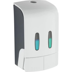 WENKO Tartas 2-Chamber Disinfectant and Soap Dispenser White Hygienic Wall Dispenser for Disinfectants, Liquid Soap etc. No Drilling Required Capacity per Chamber: 480 ml, 14.5 x 24 x 9 cm