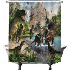 Ulticool Shower Curtain - Dinosaur Group Dino T-Rex - 180 x 200 cm - Washable - Anti Mould - Waterproof - with 12 Rings - Green