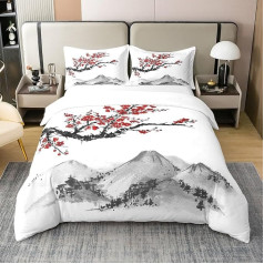 Homewish 100% Cotton Duvet Cover 140 x 200 cm Japanese Style Printed with Red Cherry Blossoms for Adults Women Teens Bedding with Mount Fuji Ink
