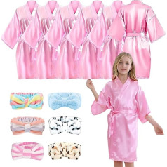 LYCN 6 Pieces Girls Spa Party Bathrobes Silk Satin Kimono Bathrobe with 6 Bow Headbands, Flower Girl Birthday Bathrobes for Party Supplies, Wedding Gifts, Bridal Shower (Size, rose