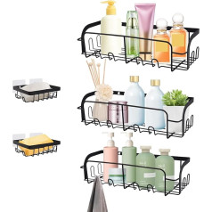 Evenpop Shower Shelf No Drilling Pack of 5, Shower Shelf Black with Soap Holder, Shower Shelf No Drilling with 20 Hooks, Bathroom Shelf No Drilling, Large Capacity Bathroom Organiser - Black